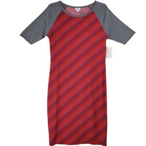 LuLaRoe Women's NWT M Julia Raglan Dress Sheath Knee Length Geo Red Gray Casual